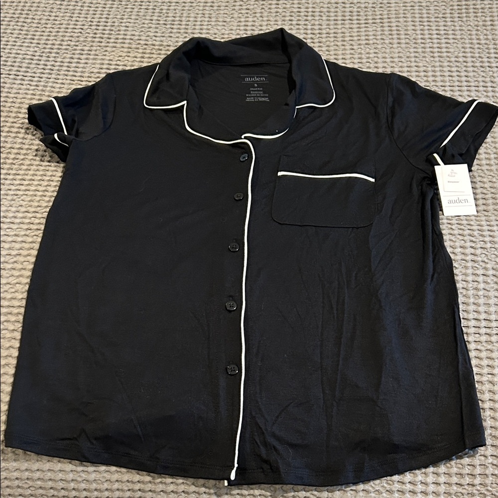 Auden Black Short-Sleeve Pajama Top with White Piping